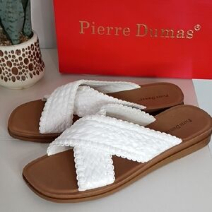 Pierre Dumas Women's 10 White and Tan Slide Sandals Cross Straps Caliso